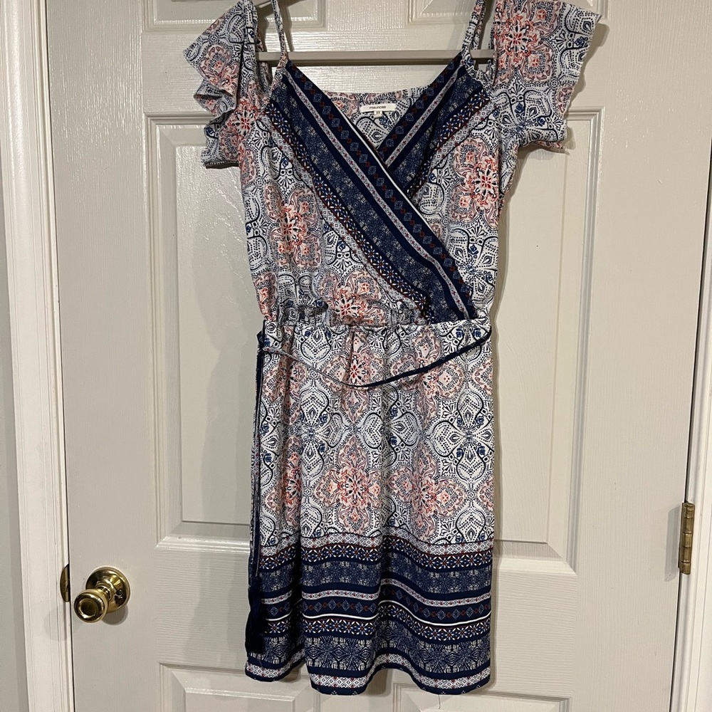 Maurice’s Navy and Red Patterned Wrap Look Dress Small